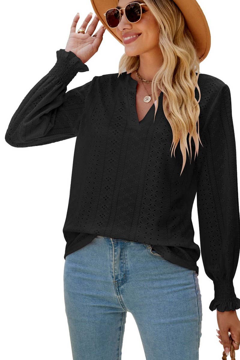 CWTBLL2407_V-NECK HOLLOW PLEATED LOTUS LEAF SLEEVE TOP