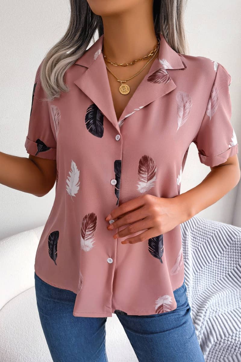 CWTDSS0051_SUIT COLLAR FEATHER LOOSE SHORT-SLEEVED SHIRT