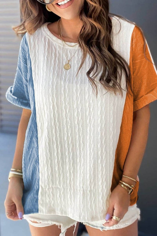 CWTBLS1373_STYLISH CREW NECK SHORT SLEEVE COLOR CONTRAST TOP