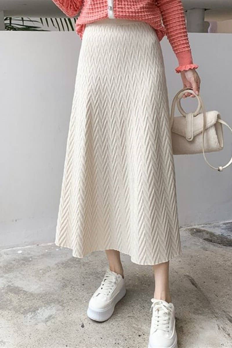 CWBLS0297_SOLID COLOR HIGH WAIST WIDE SWING KNITTED SKIRT