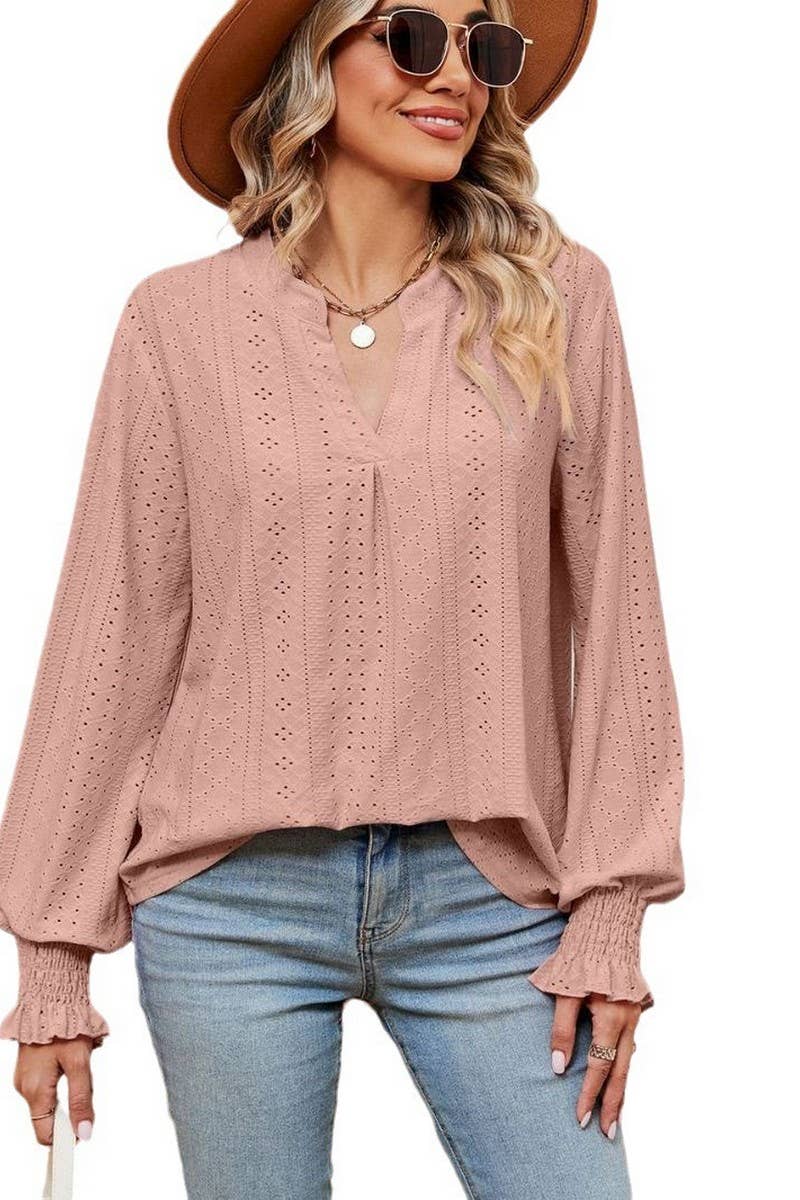 CWTBLL2377_SOLID COLOR V-NECK LOOSE LONG-SLEEVED PULLOVER