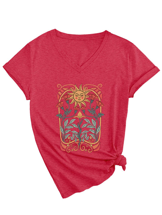 Floral sun print V-neck short-sleeved T-shirt