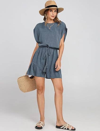 COTTON LINEN CASUAL BELTED SHORT SLEEVE ROMPER