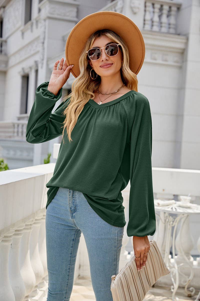 CWTBLL2413_SOLID COLOR LONGSLEEVE V-NECK PLEATED T-SHIRT TOP