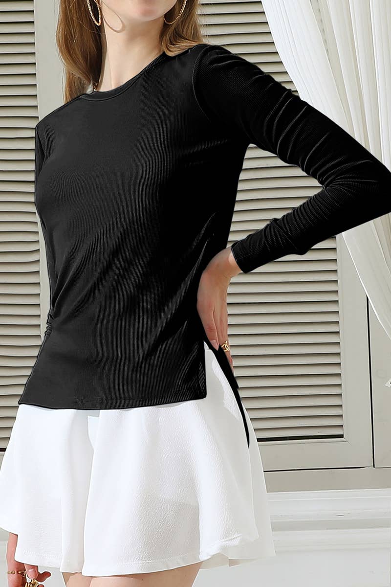 CWTTL1104_LONG SLEEVE CREW NECK LACE-UP STRING SHIRRING TOP