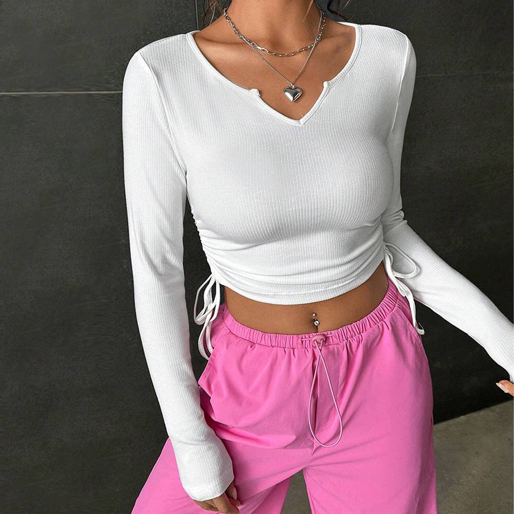 DRAWSTRING V-NECK LONG SLEEVE SHORT T-SHIRT