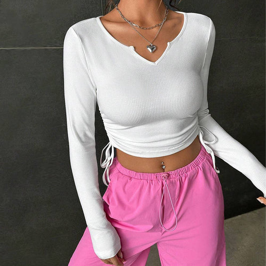 DRAWSTRING V-NECK LONG SLEEVE SHORT T-SHIRT