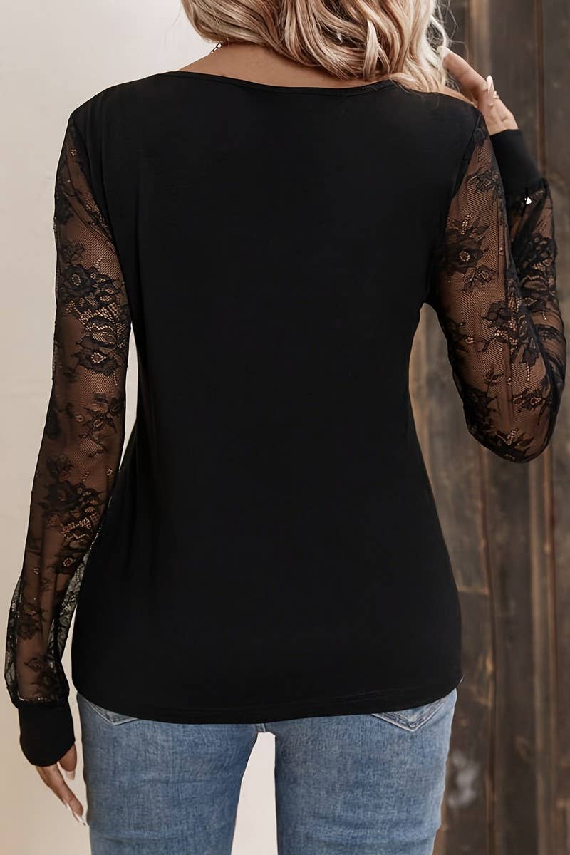 CWTBLL3540_SOLID COLOR V-NECK LACE STITCHING TOP