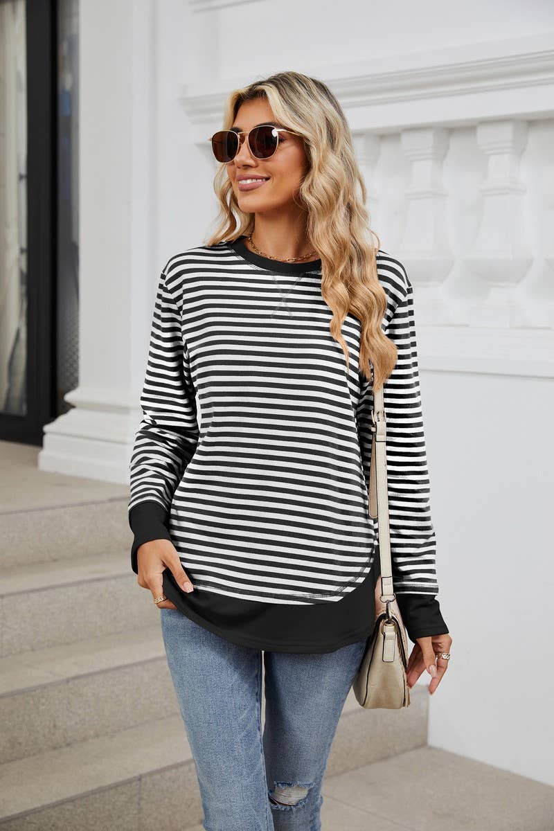 CWTBLL2355_CREW NECK STRIPED COLORBLOCK CASUAL SWEATSHIRT