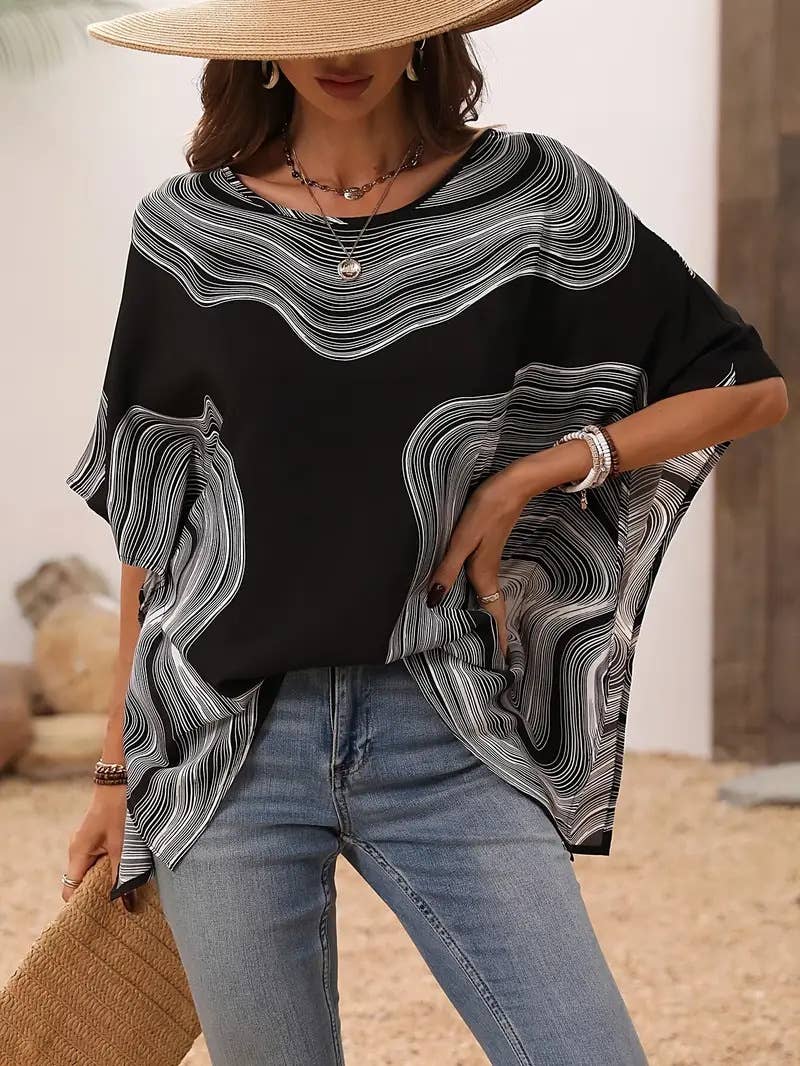 Casual printed V-neck loose batsleeve top