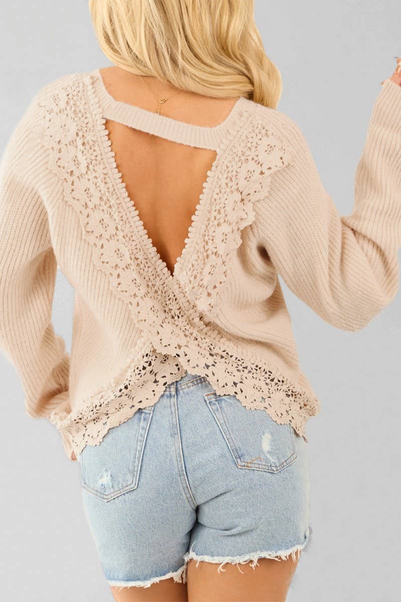 CWOSWL07420_SEXY LACE BACK KNIT LONG SLEEVE SWEATER
