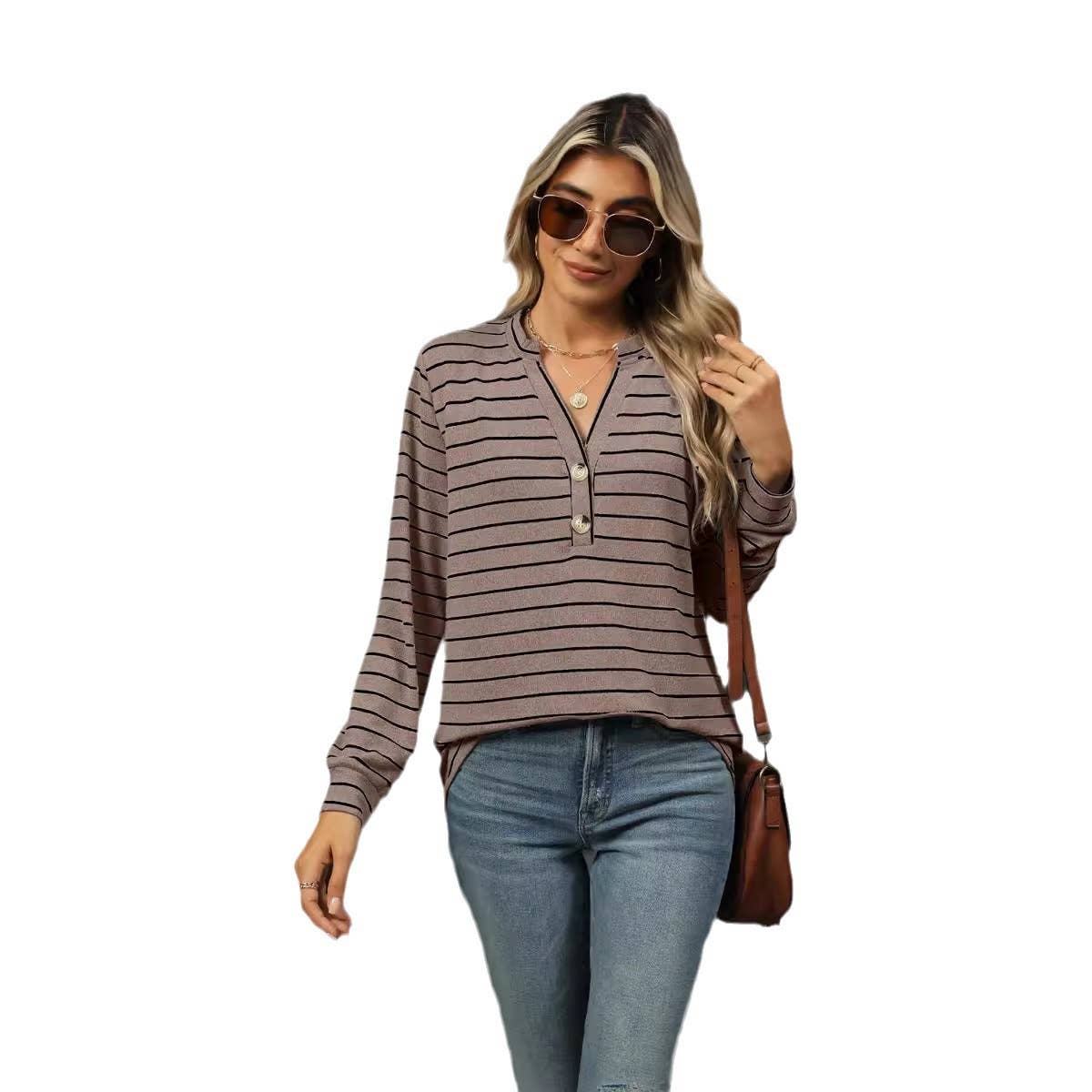 CASUAL STRIPED WOOLEN BUTTON LOOSE T-SHIRT