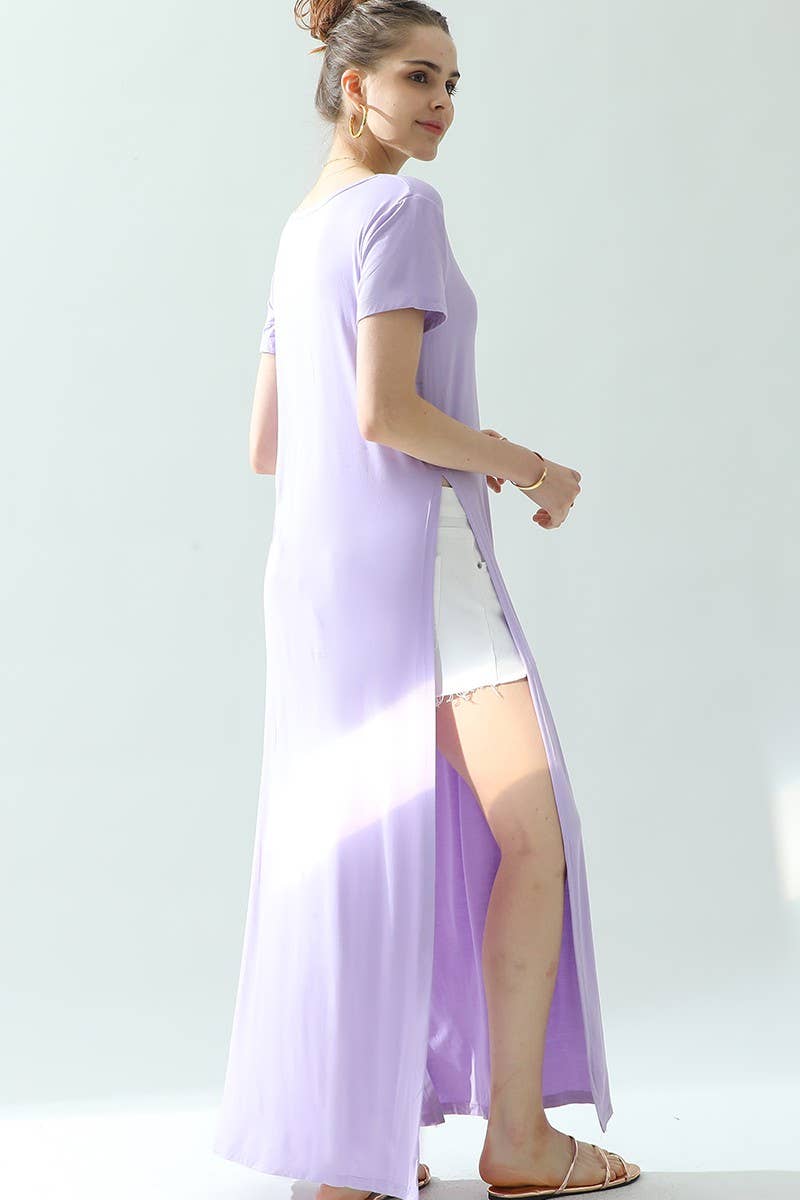 CWDMD824_ROUND NECK SHORT SLEEVE LONG DRESS WITH SLIT