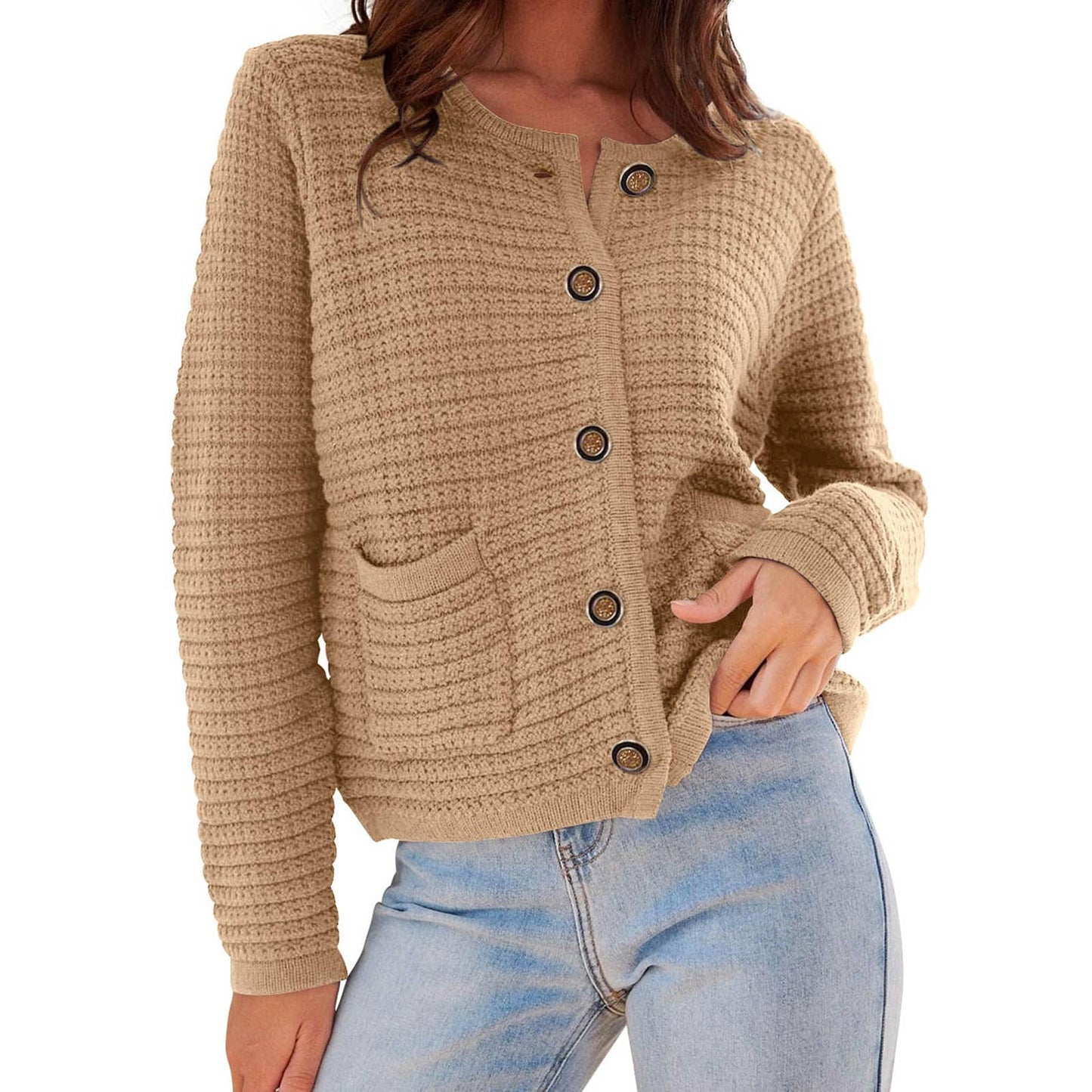Crew-neck knitted commuter vintage casual cardigan