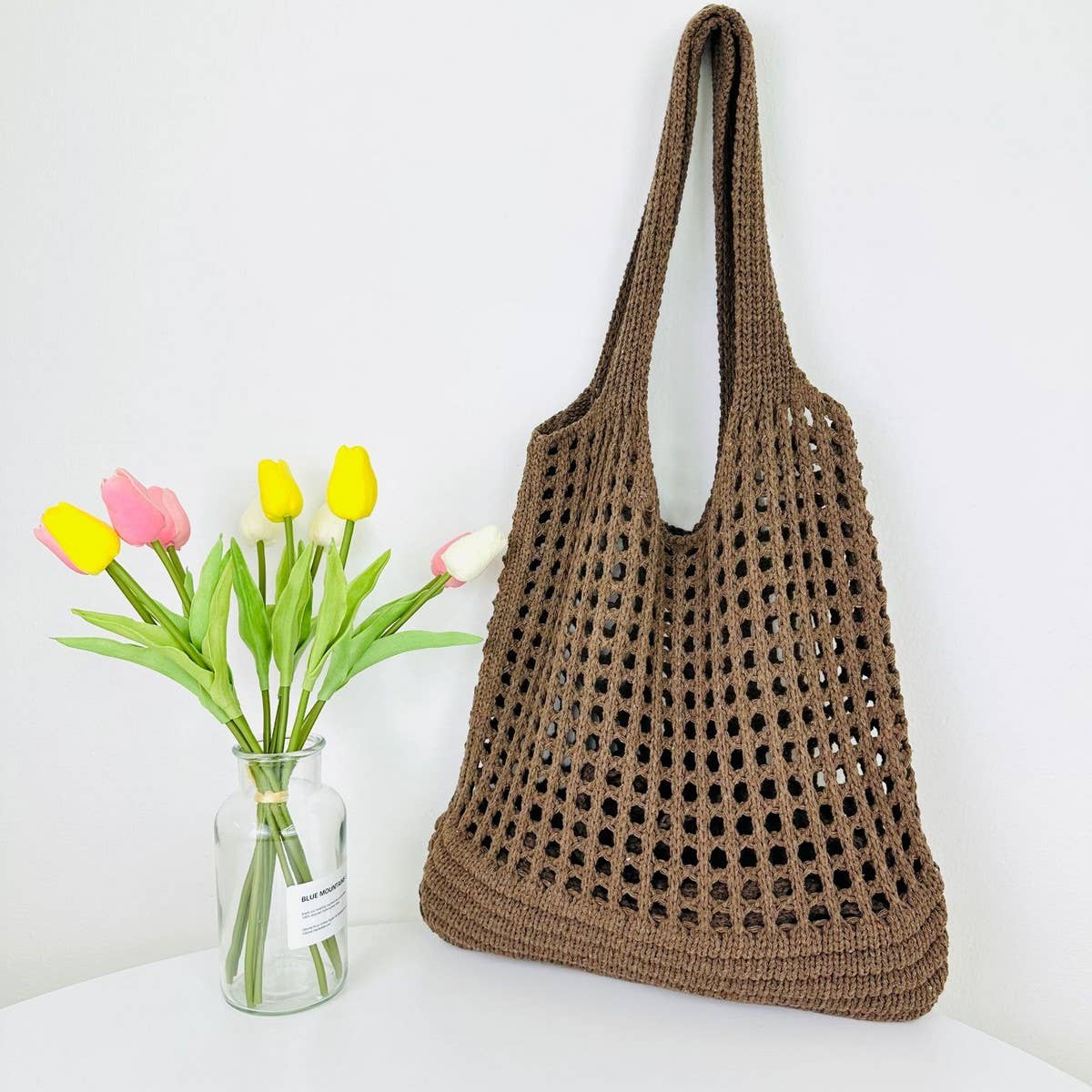 CWAB4576_SOLID COLOR KNITTED HOLLOW SHOULDER WOVEN BAG