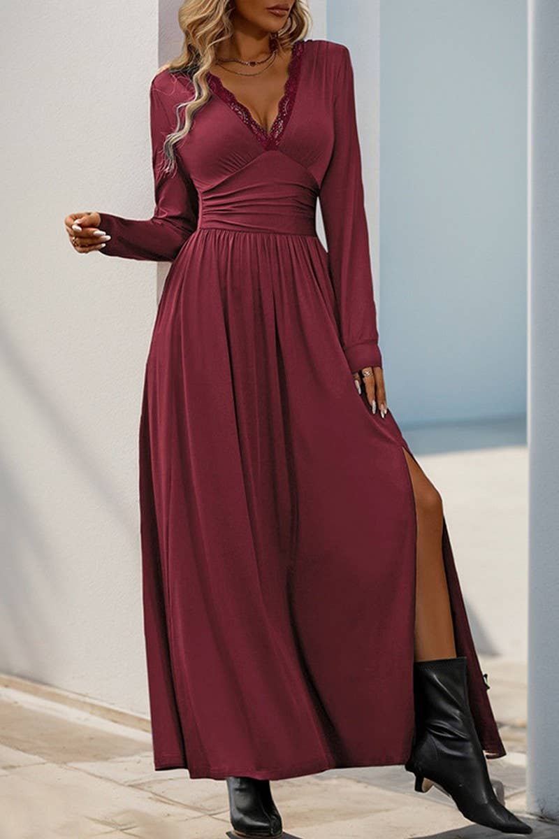 CWDMD3564_V-NECK SOLID COLOR SLIT SLIM MAXI DRESS