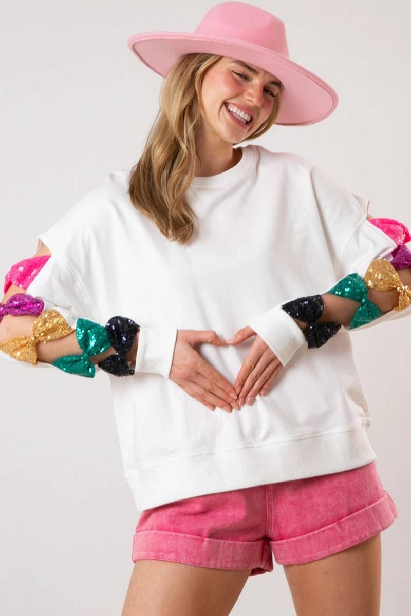 CWTBLL01279_BOW SEQUIN CASUAL LONG SLEEVE SWEATSHIRT