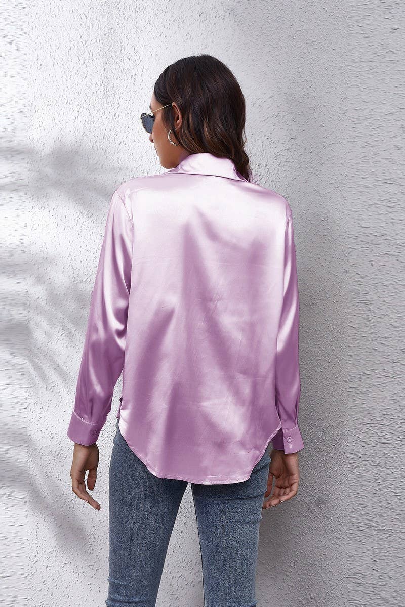 CWTBLL0691_Button Down Silky Satin Long Sleeve Top