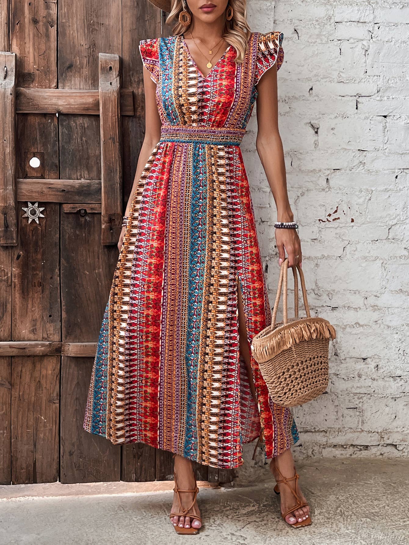 Bohemian knitted V-neck cinched waist slit dress