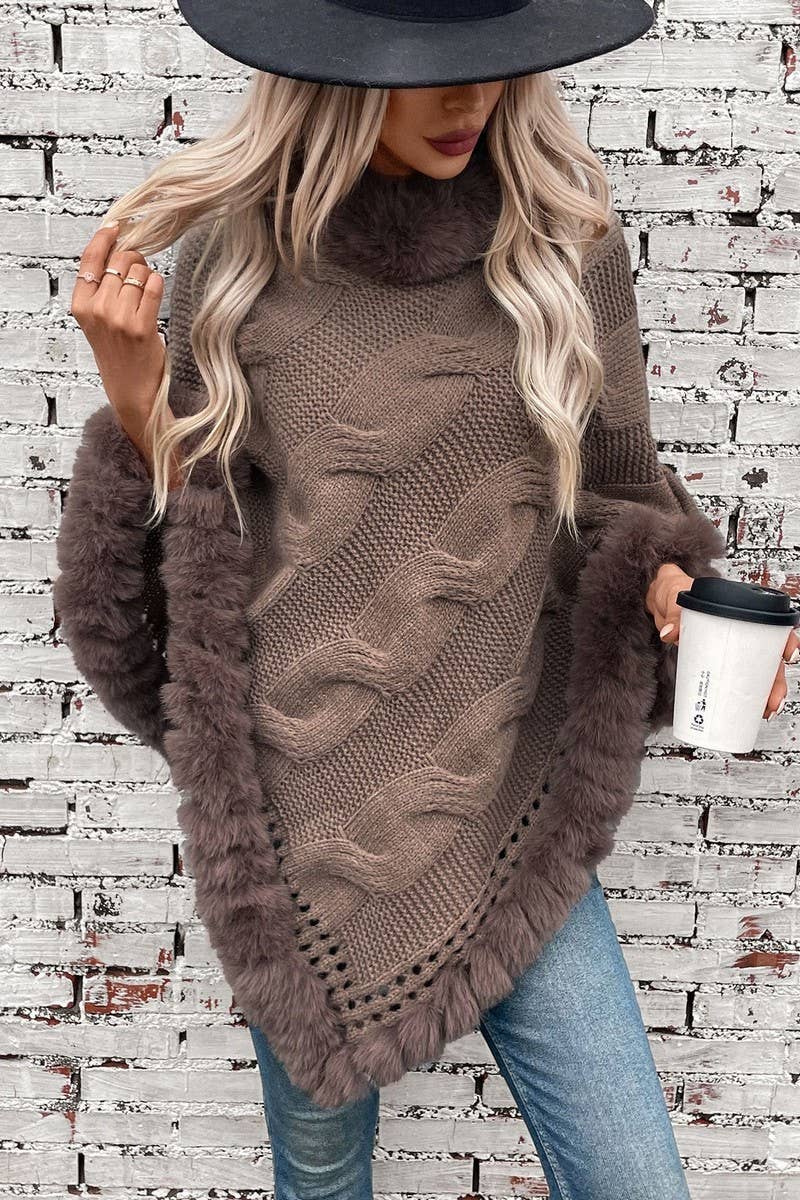CWOSWL2803_FUR COLLAR THICK CABLE PULLOVER SWEATER CAPE