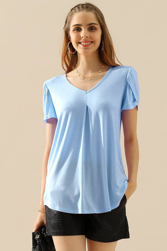 CWTTS643-P_SOLID V NECK SHORT TULIP SLEEVE TUNIC TOPS