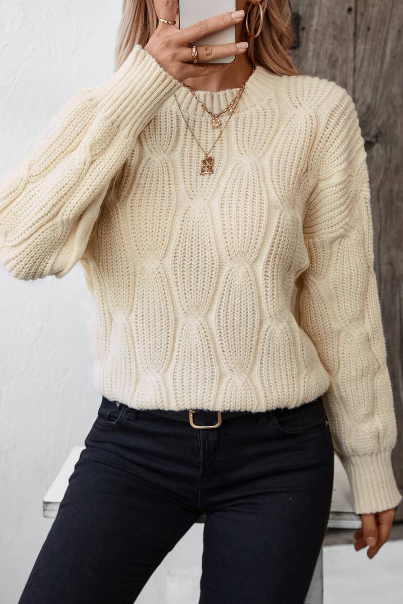 CWOSWL2923_SOLID COLOR PULLOVER CABLE KNIT SWEATER