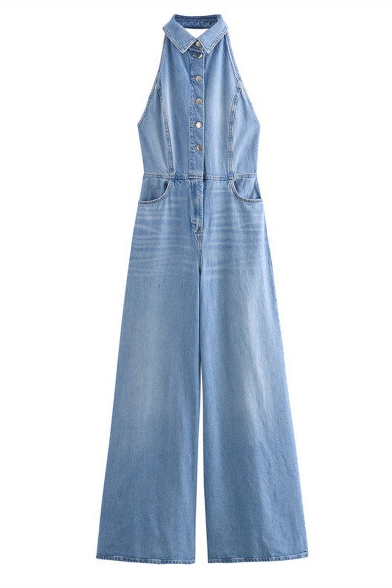 CWSJS1260_HALTER NECK LONG DENIM JUMPSUIT
