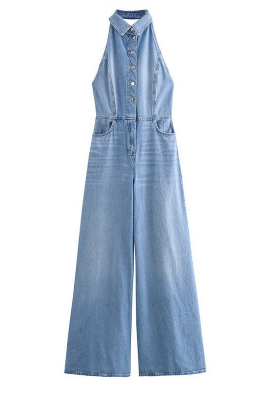 CWSJS1260_HALTER NECK LONG DENIM JUMPSUIT