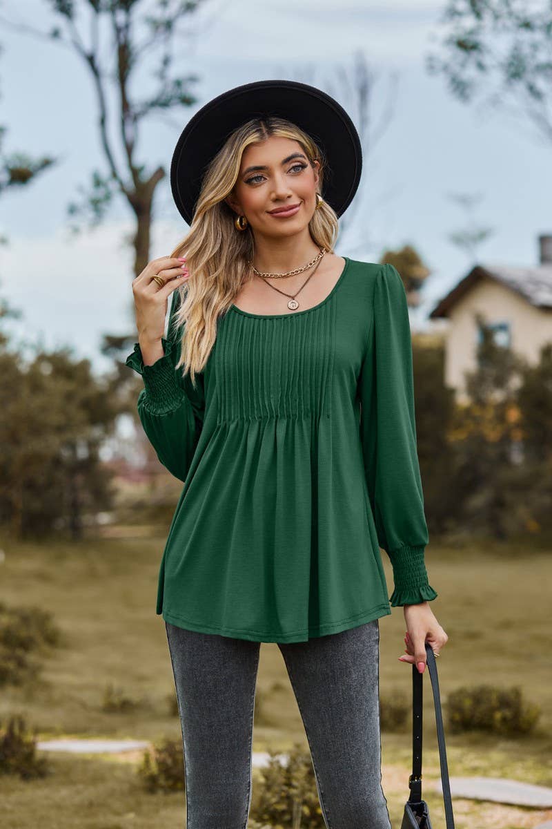 CWTBLL3687_NEW AUTUMN SOLID COLOR ROUND NECK DRAW CUFFS TOP