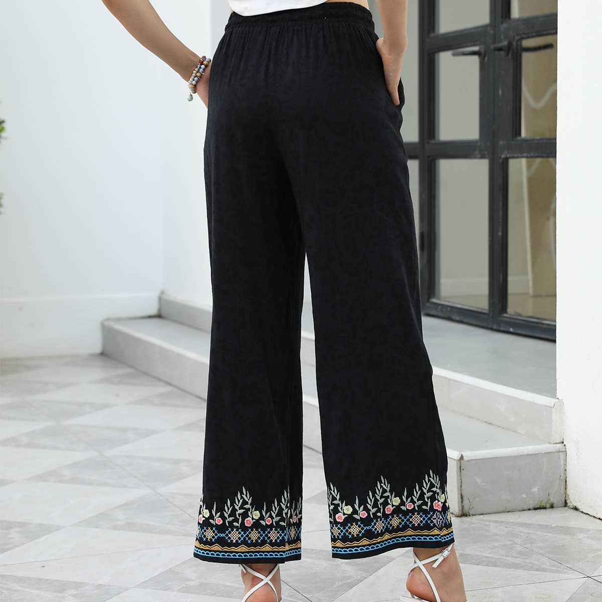 Folk embroidery pass-through wide-legged pants