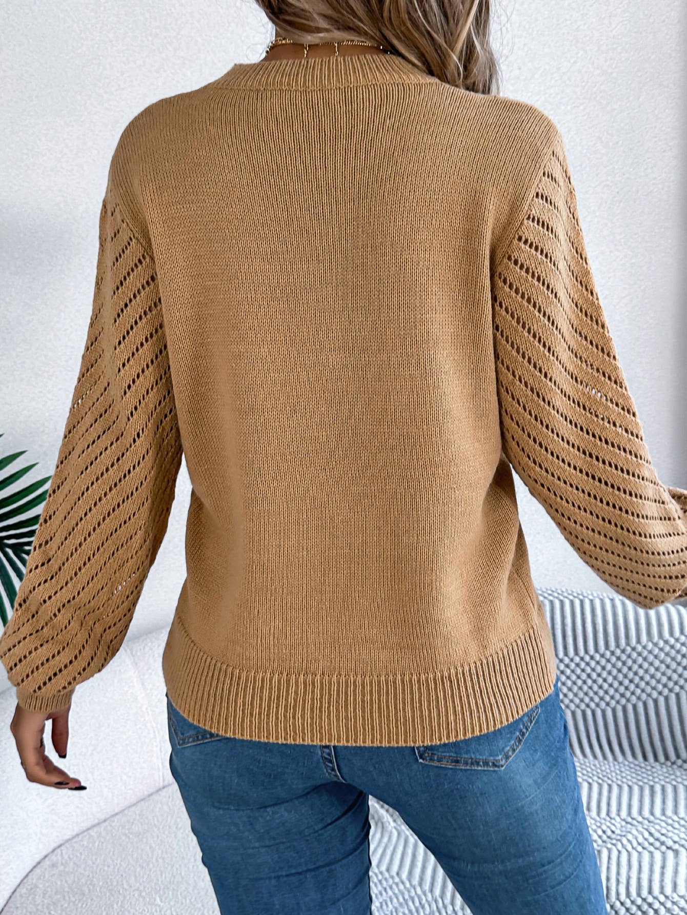 CREW NECK HOLLOWED OUT SLEEVE PULLOVER SWEATER