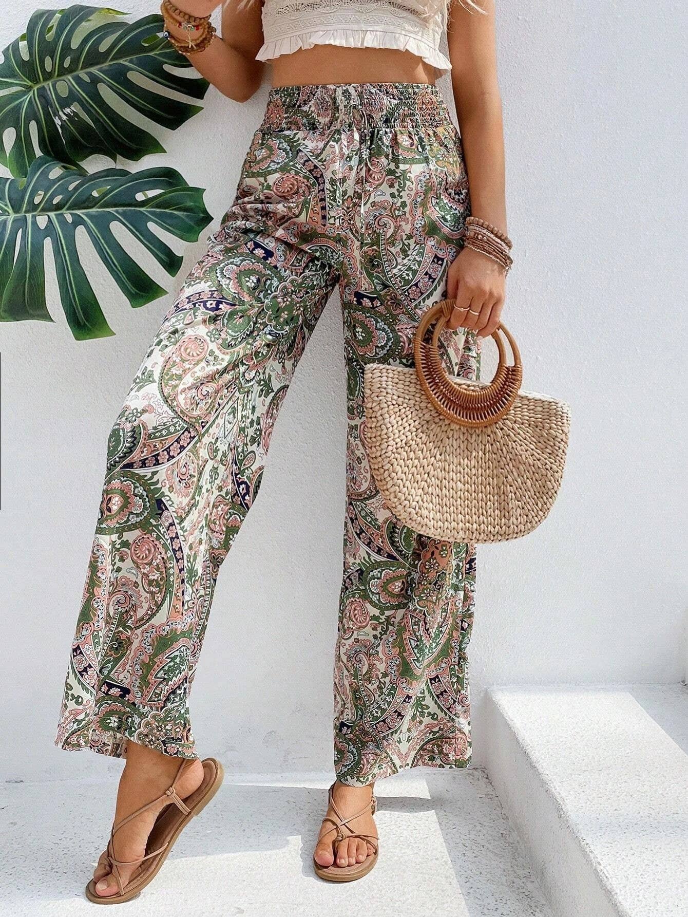 ALL-IN-ONE PRINTED ELASTIC-WAISTED WIDE-LEG PANTS