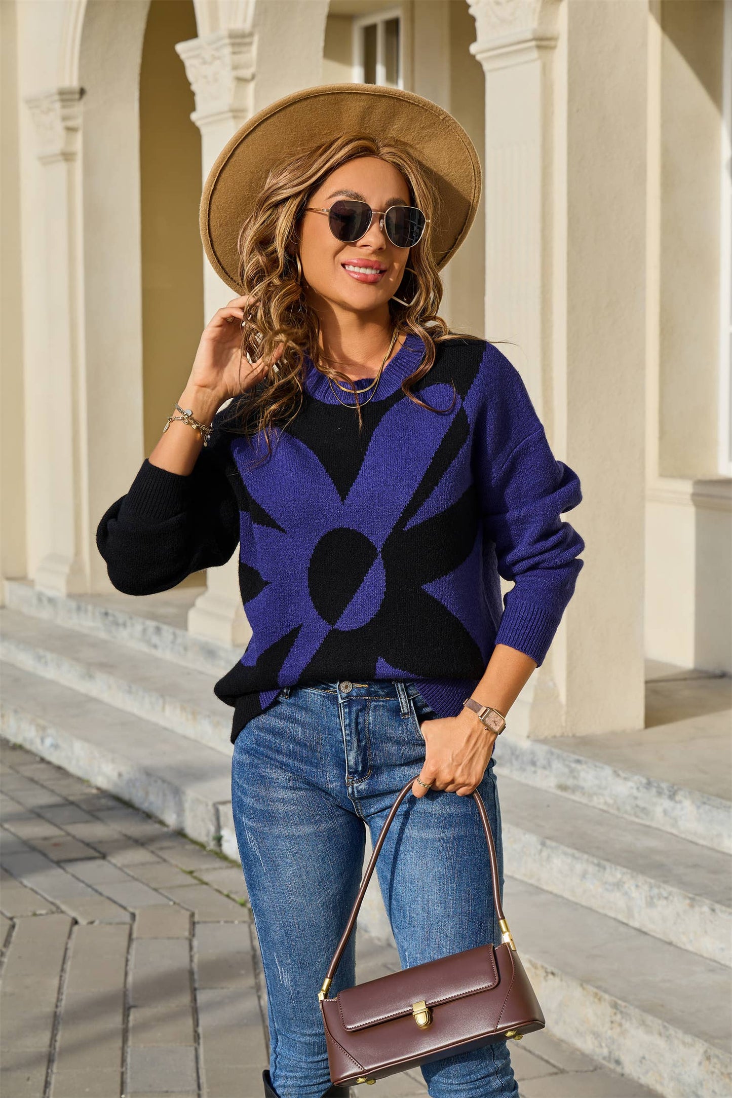 Floral color-blocking knitted pullover sweater