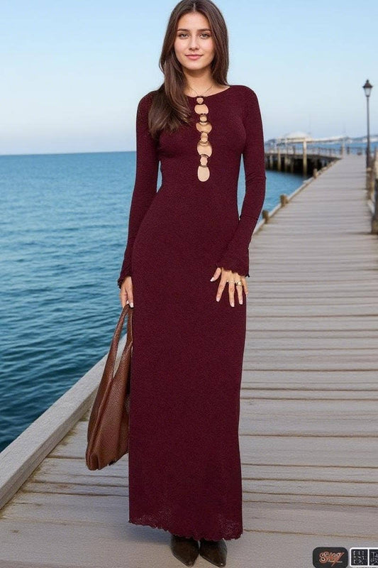 CWDMD6373_CUTOUT NECKLINE SLIM FIT LONG SLEEVE DRESS