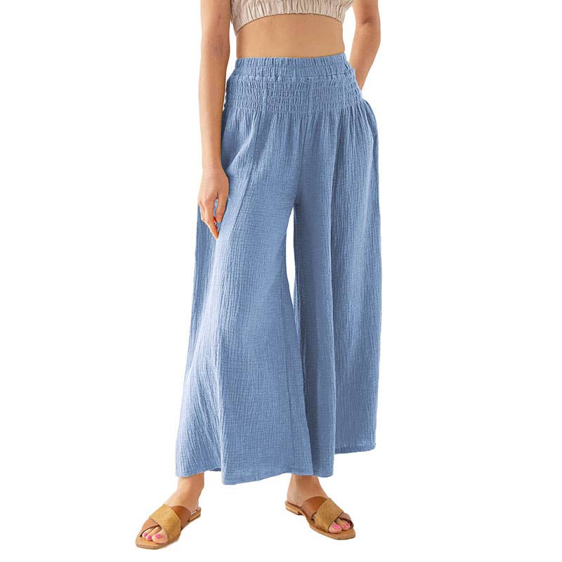 ELASTIC HIGH-WAISTED COTTON WIDE-LEG PANTS