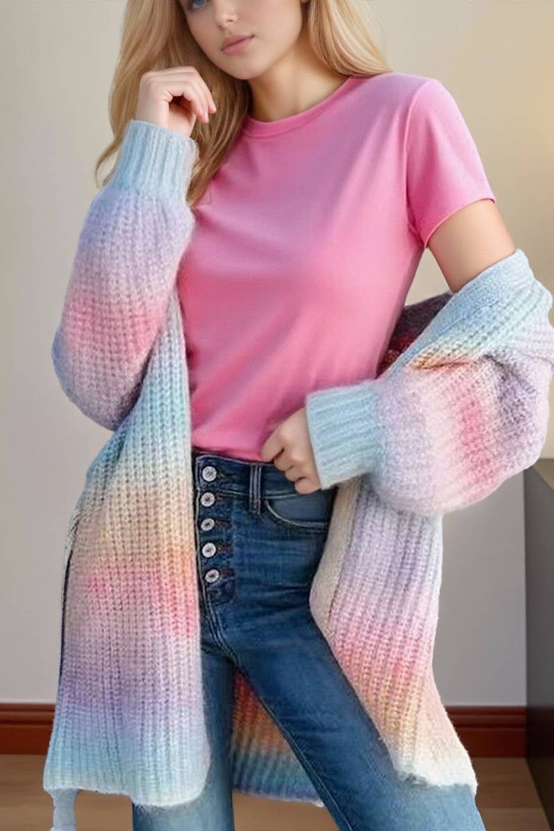 CWOCAL00805_RAINBOW TIE DYE LONG LOOSE KNIT CARDIGAN