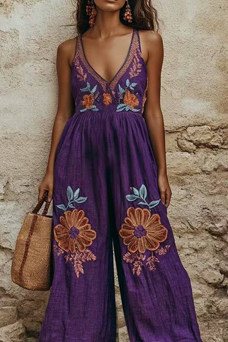 CWSJS1698_VINTAGE FLORAL COTTON LINEN STRAPPY WIDE JUMPSUIT