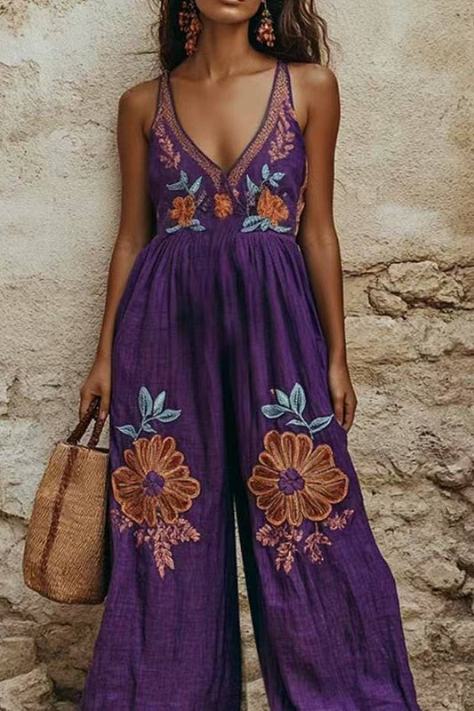 CWSJS1698_VINTAGE FLORAL COTTON LINEN STRAPPY WIDE JUMPSUIT