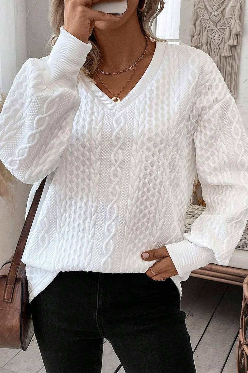 CWOSWS00160_V-NECK SOLID COLOR KNITTED LONG-SLEEVED TOP
