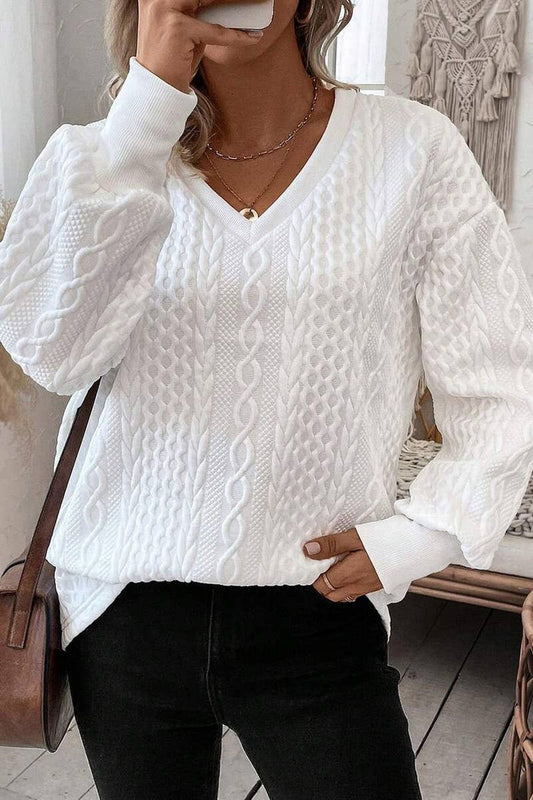CWOSWS00160_V-NECK SOLID COLOR KNITTED LONG-SLEEVED TOP