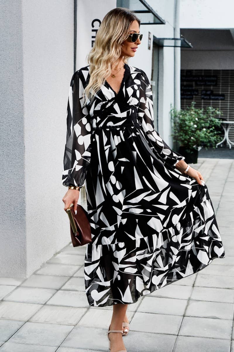 CWDMD3622_AUTUMN CASUAL PRINT V-NECK LONG-SLEEVED DRESS