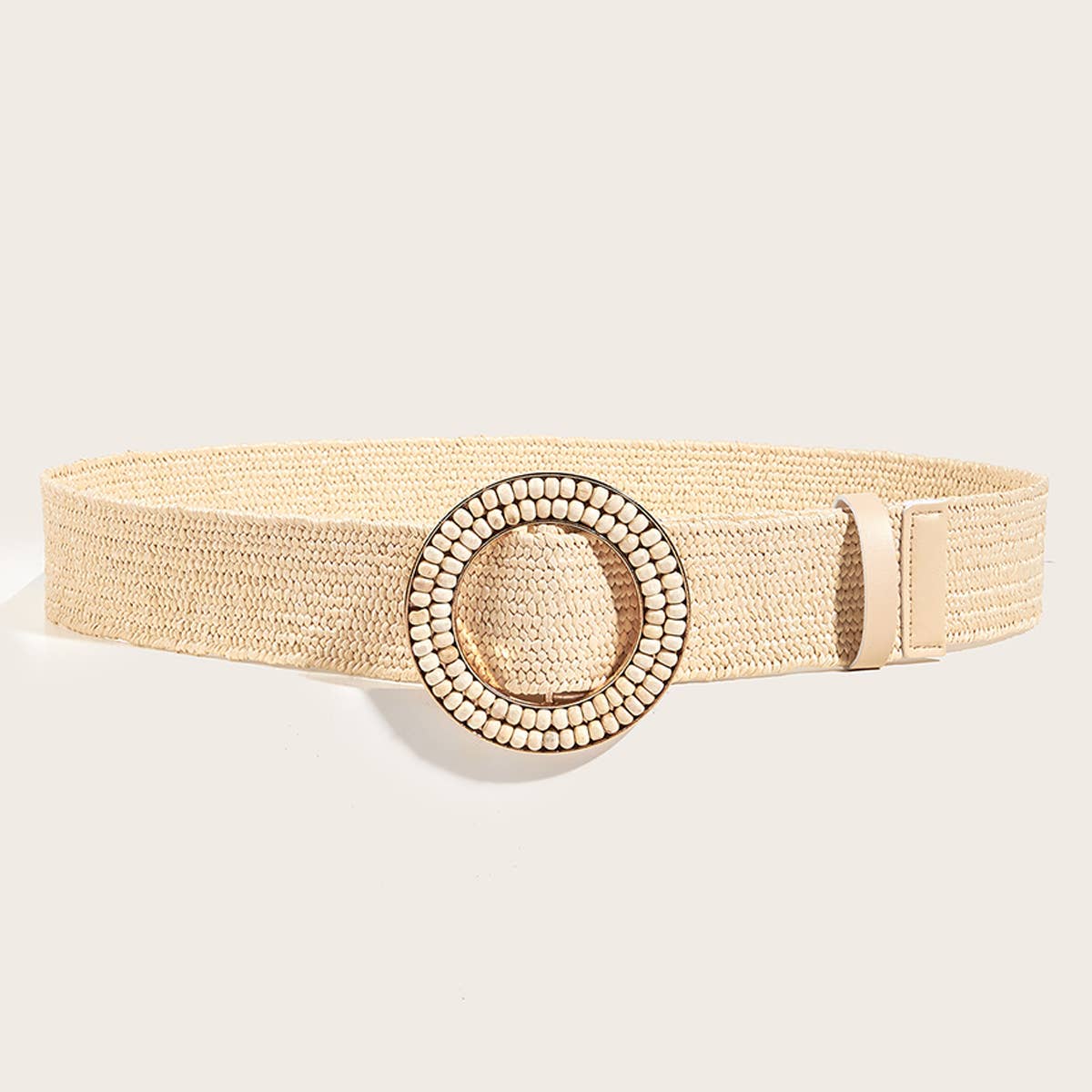 HAND-EMBELLISHED ROUND BUCKLE STRAW BELT_CWABE0439