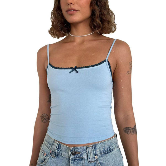 Contrasting color lace bow collage fitted vest