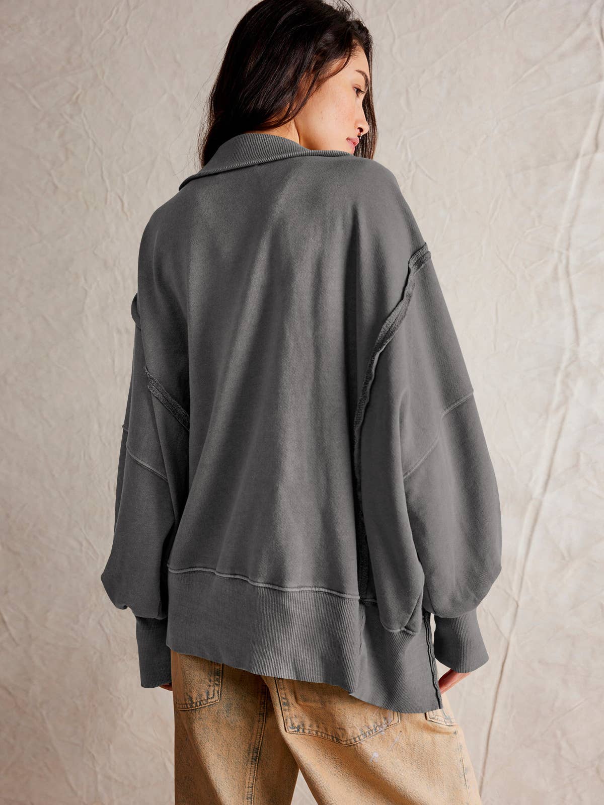 DESIGN SENSE SLIT LANTERN SLEEVE POLO COLLARHOODIE