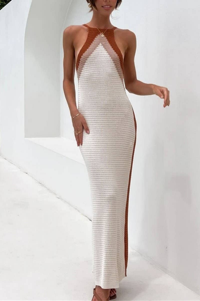 CWDMD1240_Crew Neck Sleeveless Knit Sweater Maxi Dress