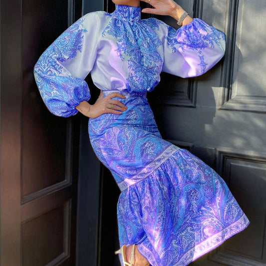 BOHO PRINT TOP MID-LENGTH WRAP ARM SKIRT SUIT