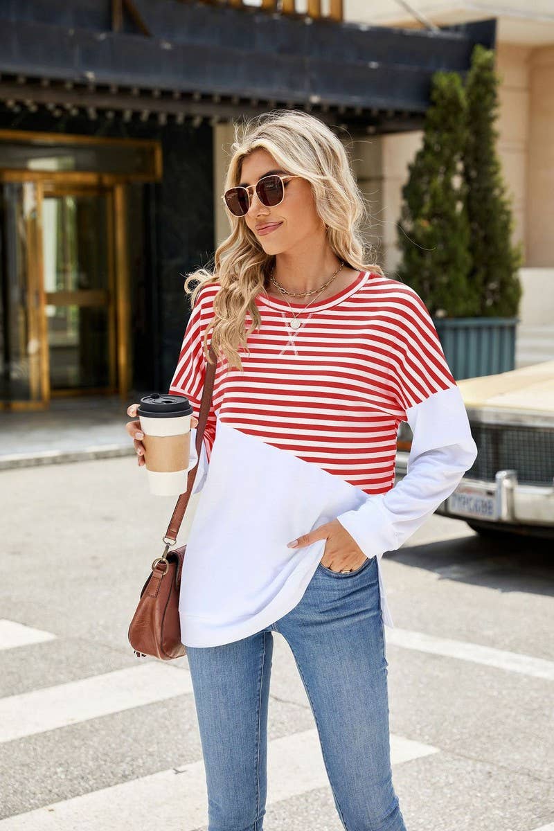 CWTBLL2368_ROUND NECK SLIT CONTRAST STRIPE SWEATSHIRT
