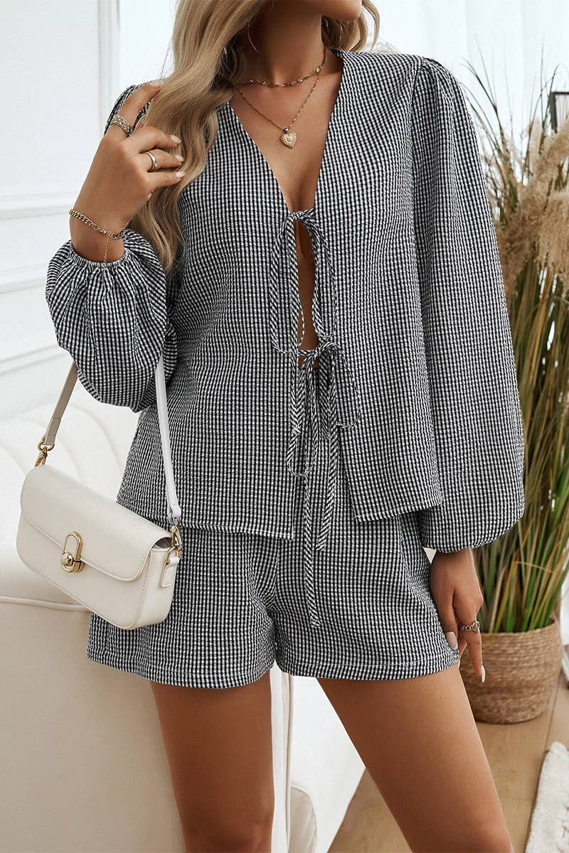 CWSTB0996_PLAID LACE-UP LONG SLEEVE CARDIGAN SHORTS SET