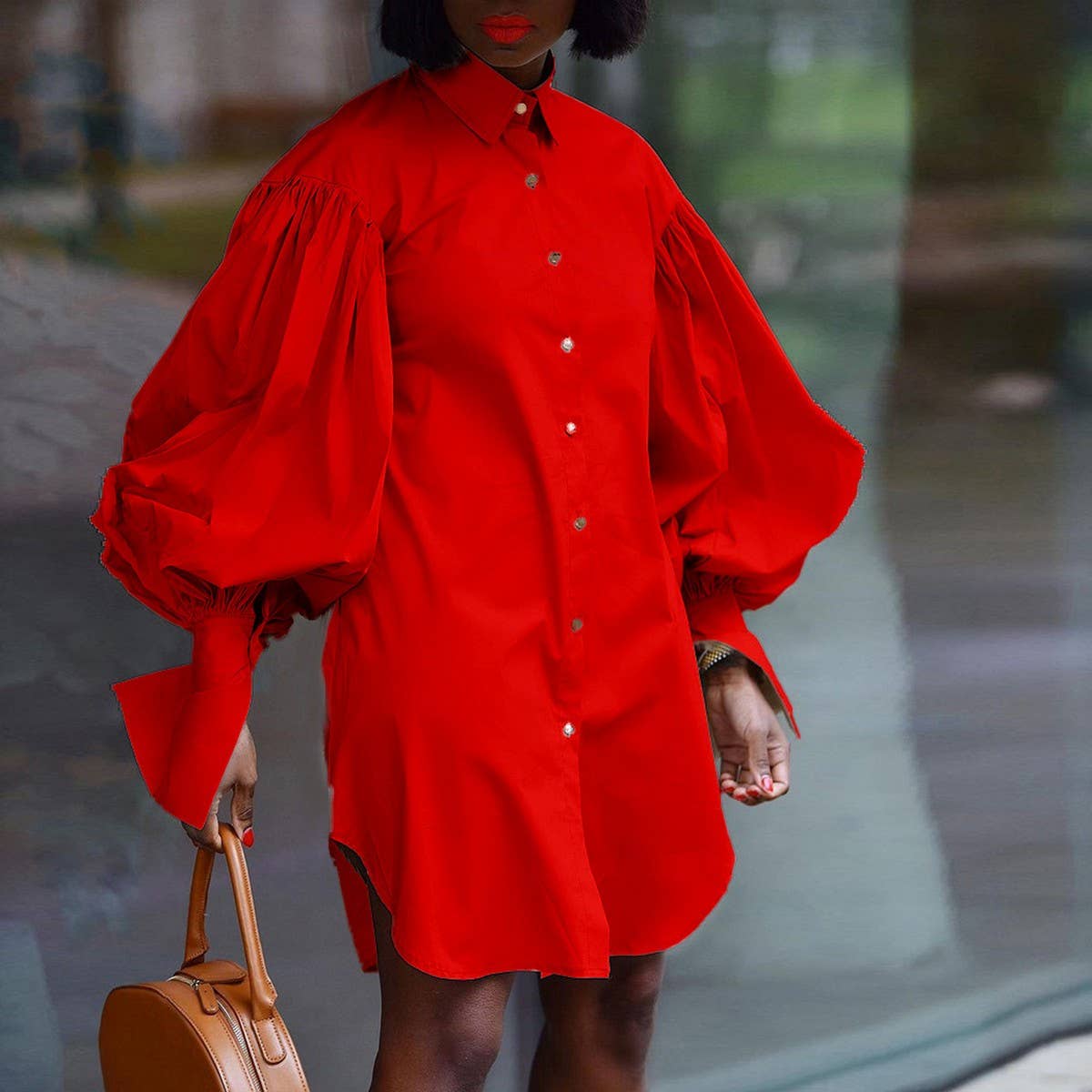 LOOSE PUFF SLEEVE SOLID COLOR CASUAL DRESS_CWDSD6067