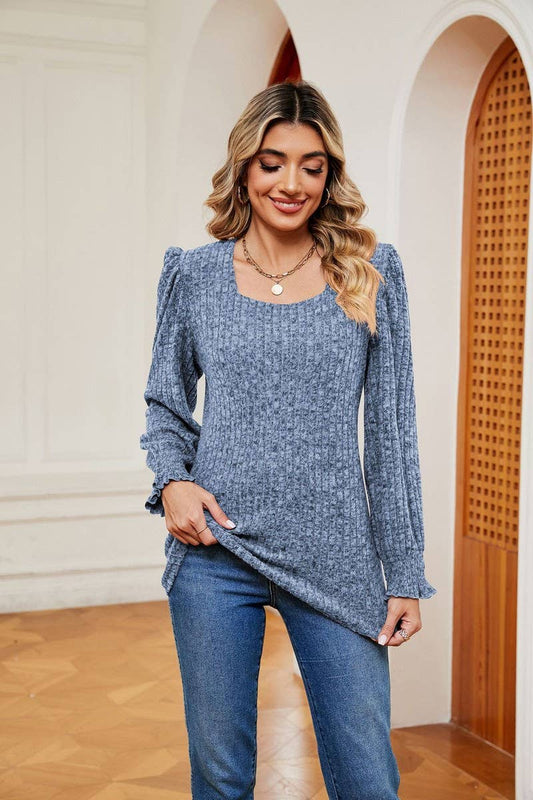 CWTBLL2404_SQUARE NECK LONG SLEEVE RIBBED RUFFLE SLEEVE TOP